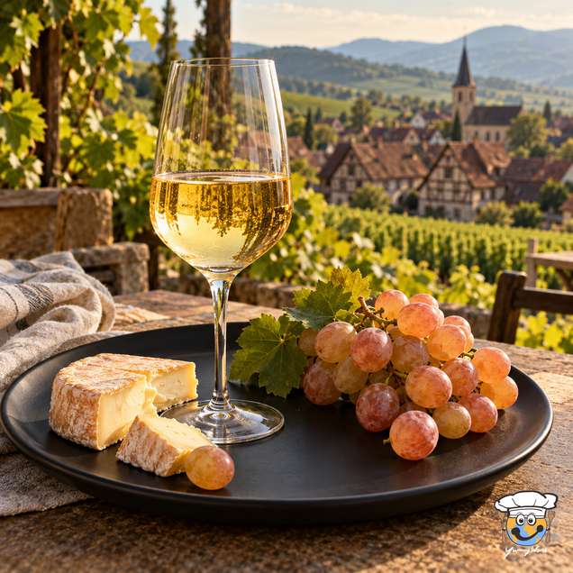 A glass of golden Gewurztraminer wine with pink grapes and cheese overlooking a village and vineyards.