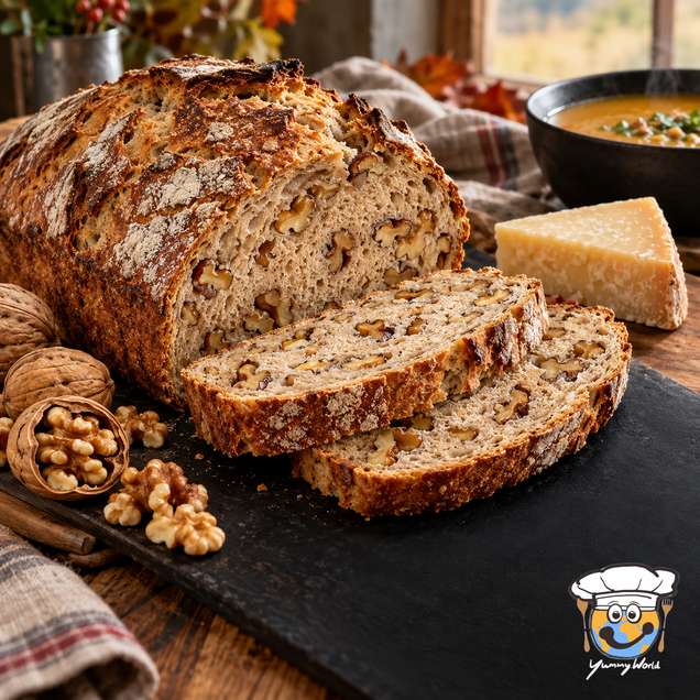Sliced walnut bread with a dark crust and visible walnut pieces, served beside walnuts and cheese.