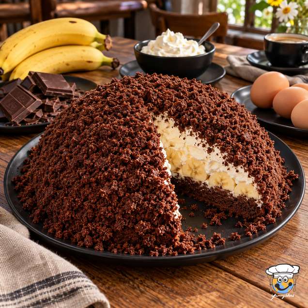 German mole cake covered in chocolate crumbs, cut open to reveal cream and banana filling.