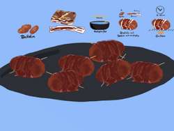 Dates wrapped in crispy bacon slices ready for grilling, German appetizer combining sweet fruit and savory cured meat