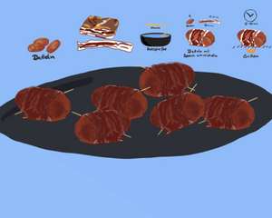 Dates wrapped in crispy bacon slices ready for grilling, German appetizer combining sweet fruit and savory cured meat