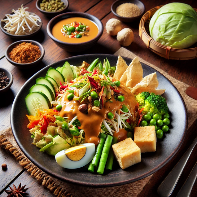 Indonesian mixed vegetable salad with bean sprouts, eggs, tofu, tempeh and peanut sauce dressing, nutritious traditional dish