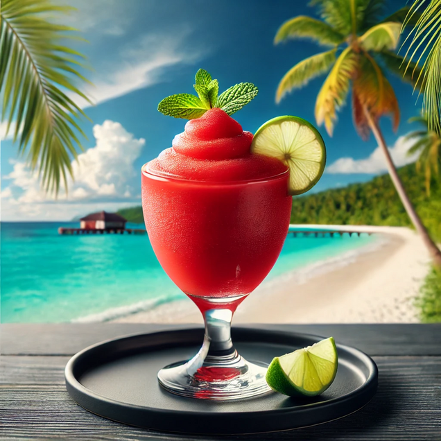 Frozen Strawberry Daiquiri with blended ice, rum and fresh berries in hurricane glass, bright red frozen summer cocktail