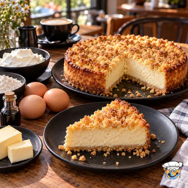 Cheesecake with a golden crumble topping, shown as a whole cake with a slice served on a separate plate.