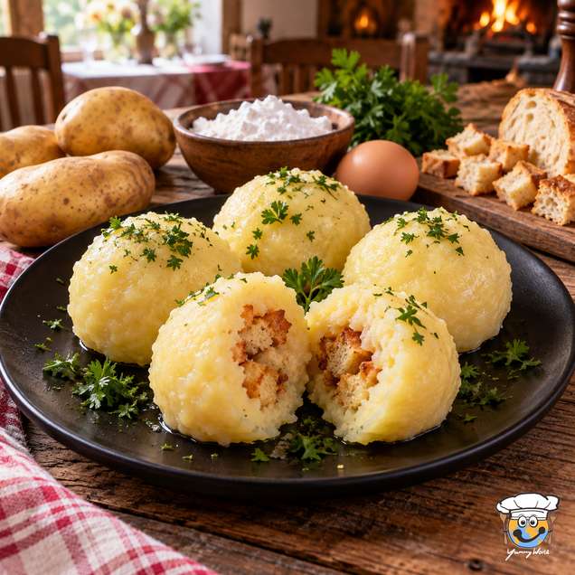 Thuringian potato dumplings topped with parsley, one split open to reveal toasted bread filling.