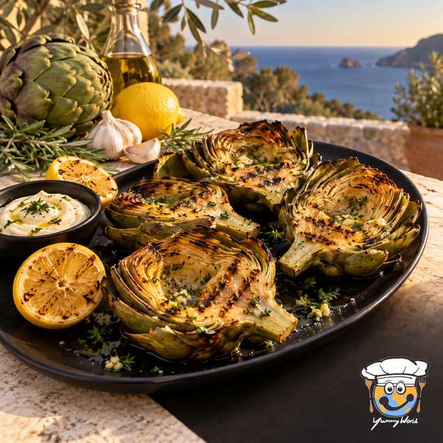 Gegrillte Artischockenhälften mit dunklen Rändern, Zitronenhälften und einer kleinen Schale cremigem Dip.