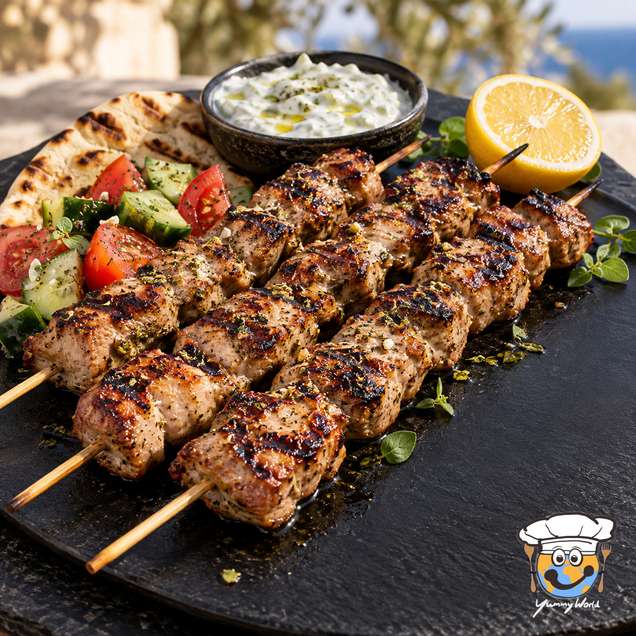 Gegrillte Souvlakispieße mit Pitabrot, Tomaten-Gurken-Salat, Tzatziki und Zitrone.