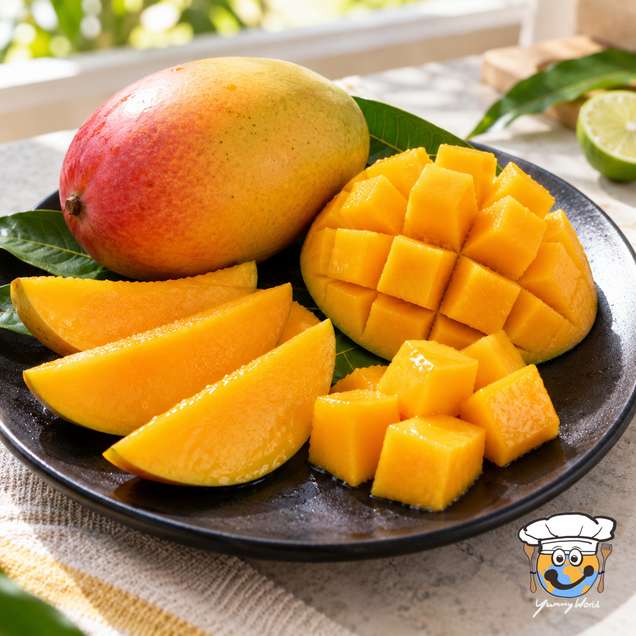 Eine ganze Mango neben leuchtend orangefarbenen Mangoscheiben, Würfeln und einer eingeschnittenen Mangohälfte.