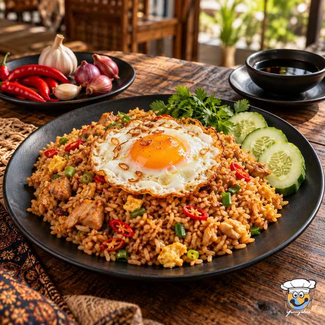 Nasi goreng fried rice topped with a fried egg and served with cucumber slices and fresh herbs.