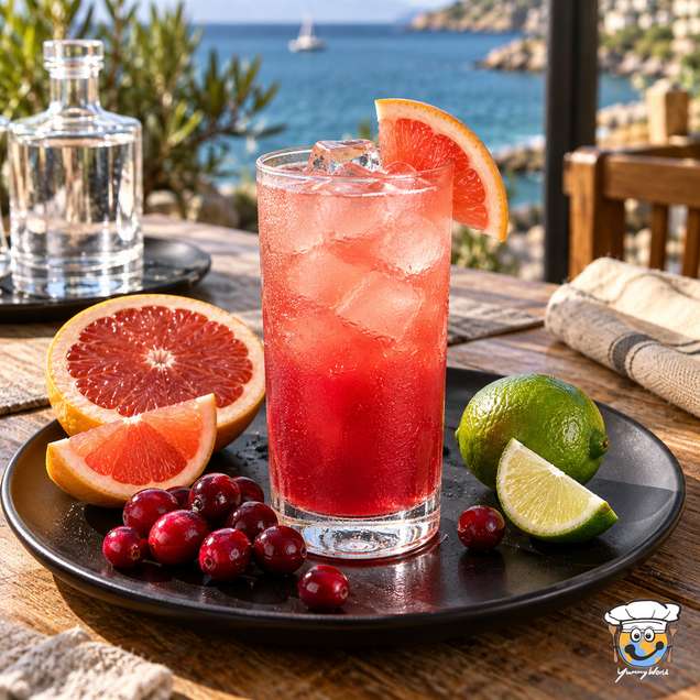 Sea Breeze cocktail over ice with a grapefruit wedge in a tall glass, beside cranberries and lime.
