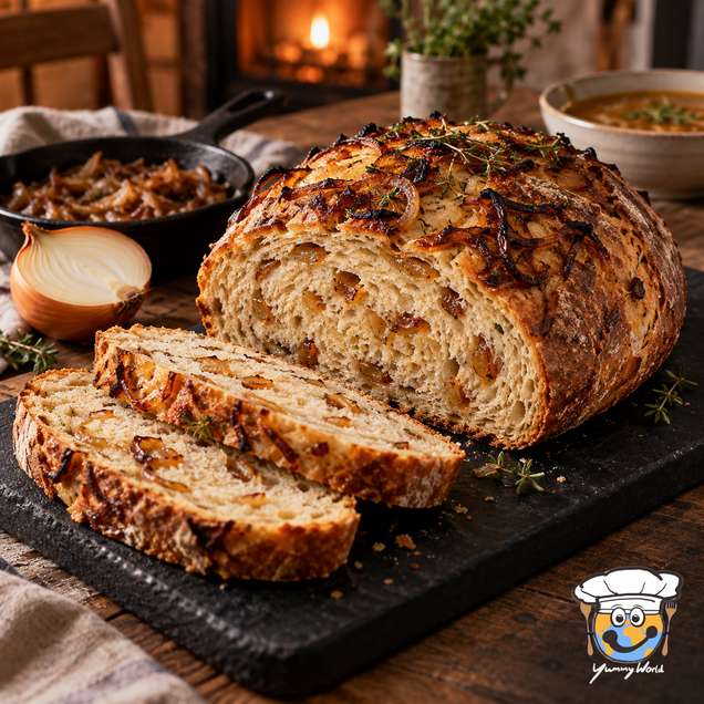 Ein rundes Zwiebelbrot mit gebräunten Zwiebelstücken, auf einem schwarzen Brett angeschnitten.