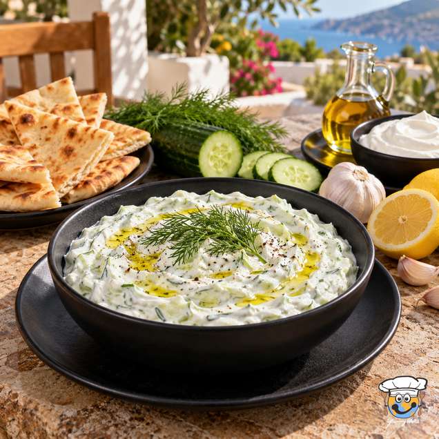 Cremiges Tzatziki mit Gurke, Dill und etwas Öl in einer schwarzen Schale, dazu Fladenbrot.