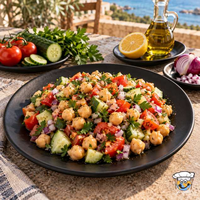 Chickpea salad with cucumber, tomato, red onion and chopped herbs on a black plate.