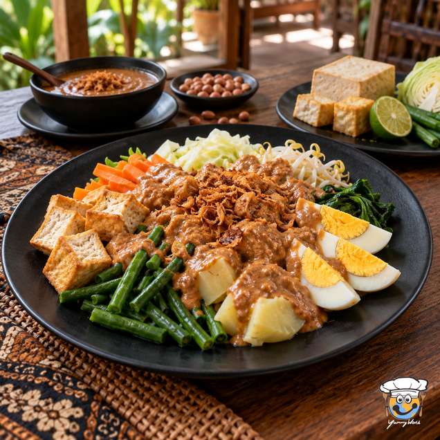 Gado-Gado mit Gemüse, Tofu, Kartoffeln und gekochten Eierspalten, dazu Erdnusssauce und Röstzwiebeln.