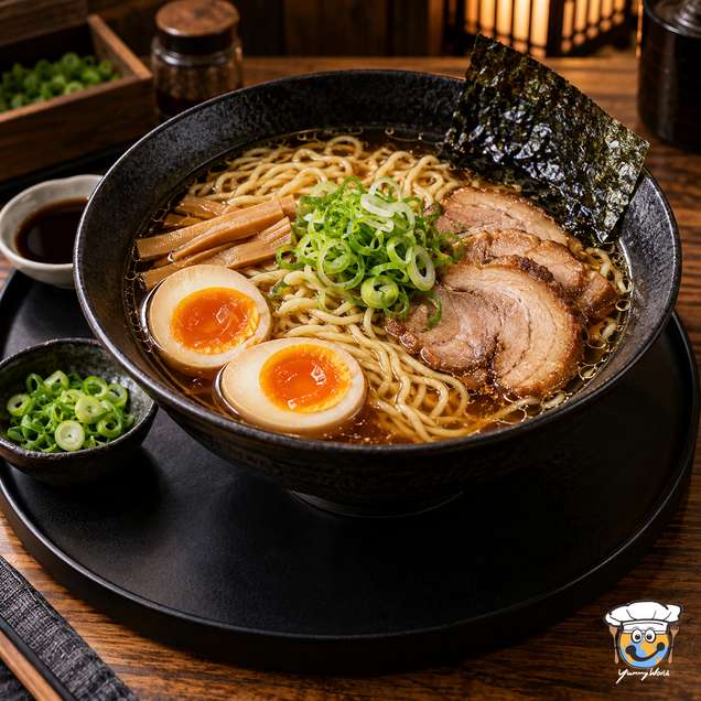 Ramen-Nudelsuppe mit Schweinefleischscheiben, weich gekochten Eiern, Frühlingszwiebeln und einem Noriblatt.