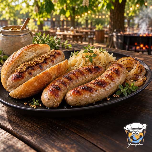 Gegrillte Bratwurst mit Sauerkraut, Senf und einem knusprigen Brötchen auf einem schwarzen Teller.