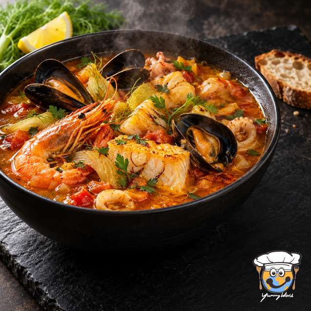 Bouillabaisse with fish, prawns and mussels in an orange broth, served in a black bowl.