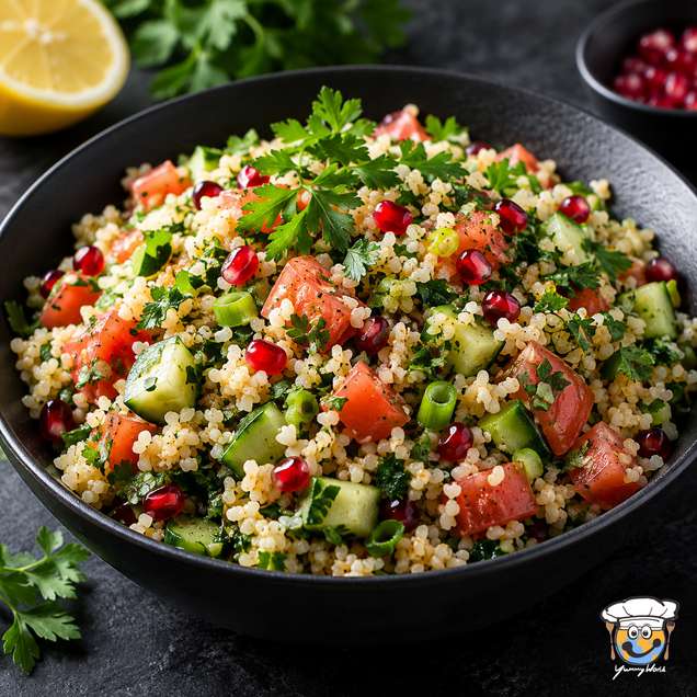 Bulgur salad with diced cucumber, tomatoes, herbs and pomegranate seeds in a black bowl.