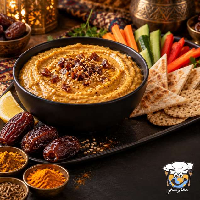 Golden date curry dip topped with chopped dates, served with vegetable sticks and flatbread wedges.