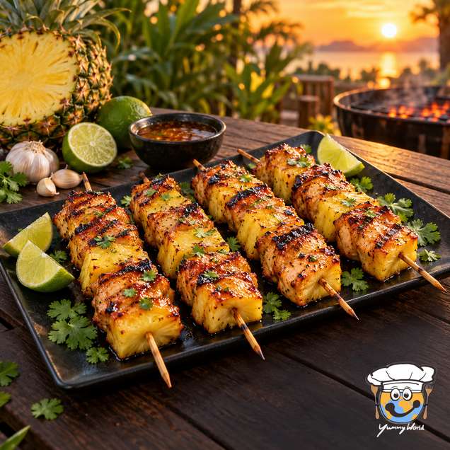 Gegrillte Hähnchen-Ananas-Spieße mit dunklen Rändern, gehackten Kräutern und Limettenspalten auf einer schwarzen Platte.