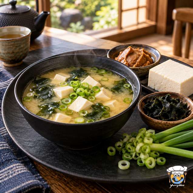 A steaming bowl of miso soup with tofu cubes, seaweed and sliced green onions.