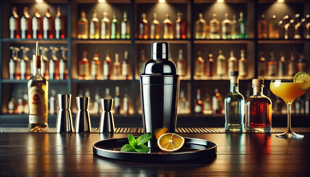 Professional cobbler cocktail shaker with built-in strainer, stainless steel bartending tool for mixing and chilling classic drinks
