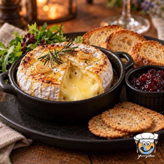 Gebackener Camembert mit geschmolzenem Kern und Rosmarin, dazu geröstetes Brot und rote Marmelade.