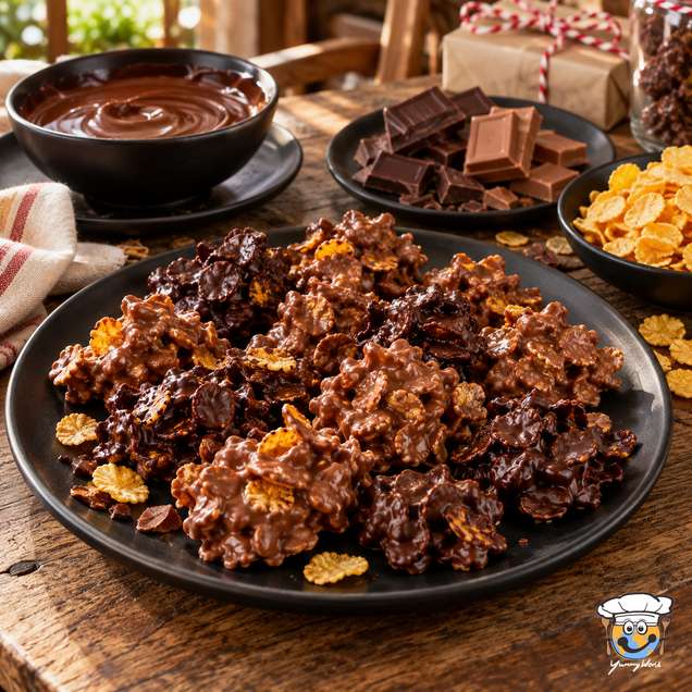 Chocolate crossies with crinkled chocolate-coated cornflake clusters piled on a black plate.