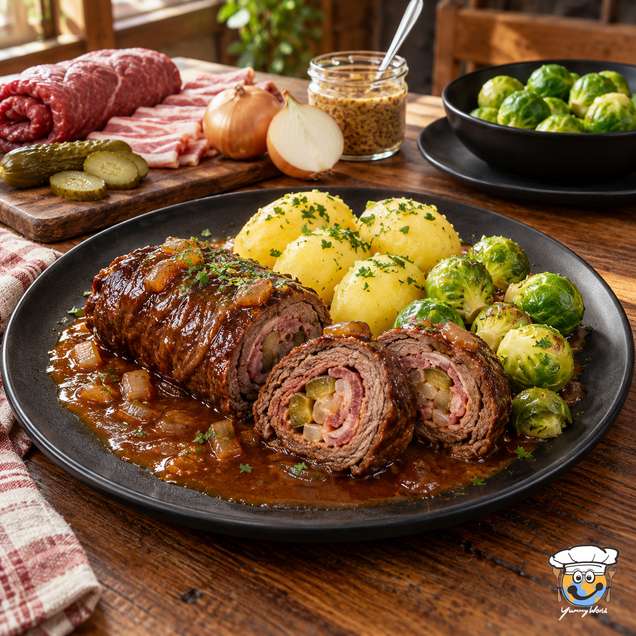 Sliced beef roulade in brown gravy with potatoes and Brussels sprouts on a black plate.