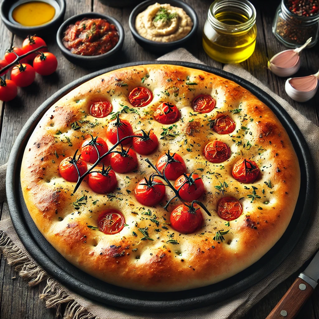 Grilled Italian focaccia bread on barbecue with olive oil, herbs and charred edges, artisanal flatbread with smoky flavor