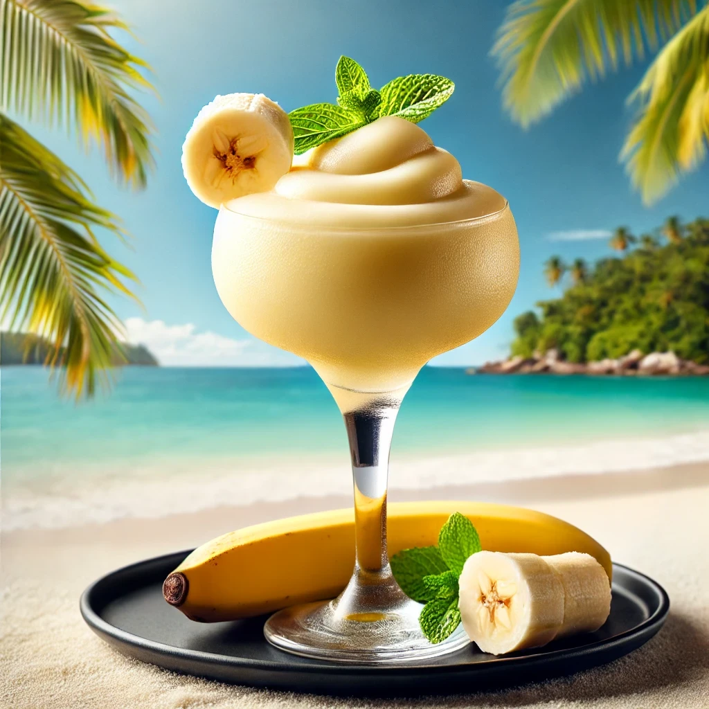 Banana Daiquiri cocktail with blended banana, white rum, lime juice and ice in hurricane glass, tropical frozen treat
